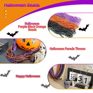 SHAOQINLIN 24Pcs Halloween Bead Necklace, Halloween Purple Black Orange Bead Necklaces, 33'' Metallic Beaded Party Necklaces for
