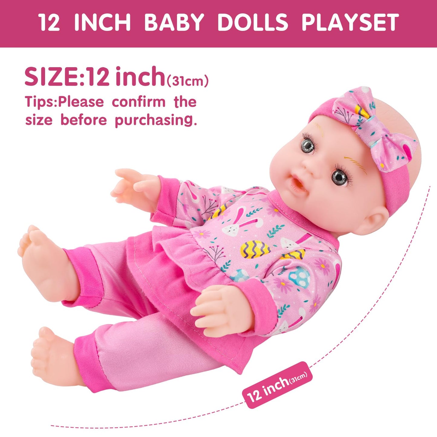 Zqdoll 12 Baby Doll, Bunny Theme Clothes And Sleeping Bag, Realistic Baby Dolls Accessories Set Girl Easter Gift Toy Stuff Pacif