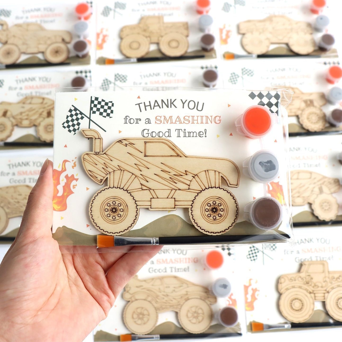 12-Pack Pre-Packaged Monster Truck Party Favors for Kids, Wooden Truck Cutouts with Magnets & Painting Kits, Boys 4th Birthday 