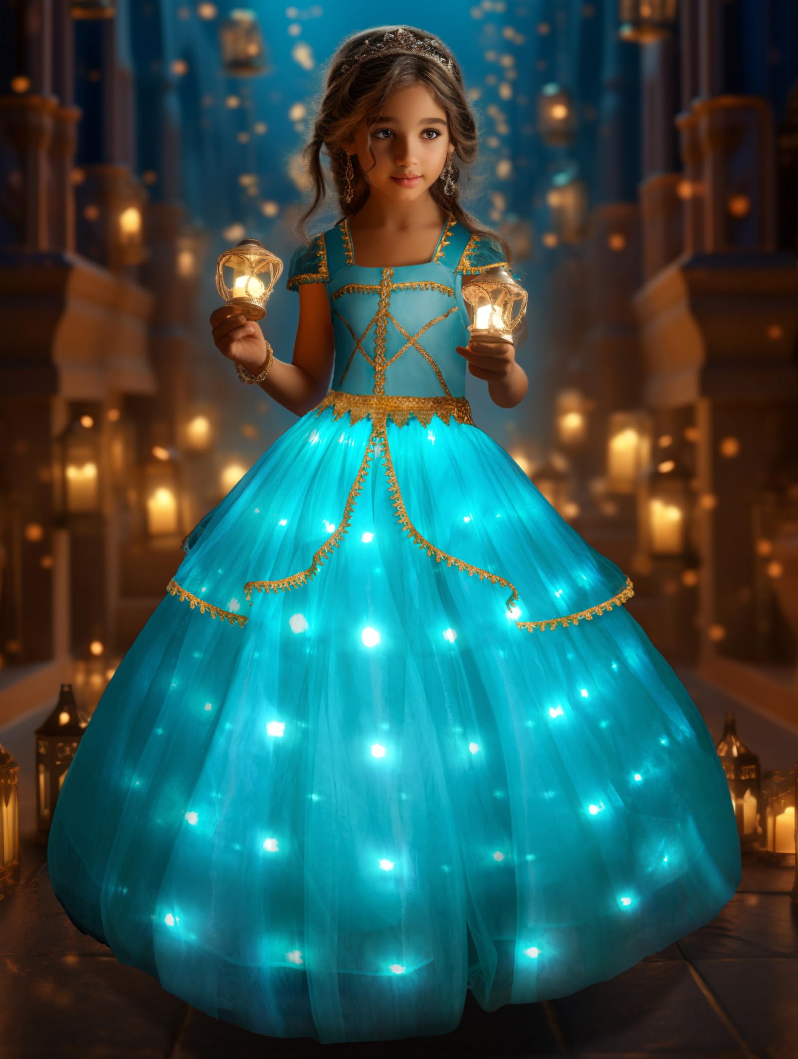 Uporpor Light Up Princess Dress Up Clothes Costume For Girls Halloween Kids Princess Cosplay Party Supply For Christmas, Aqua 11