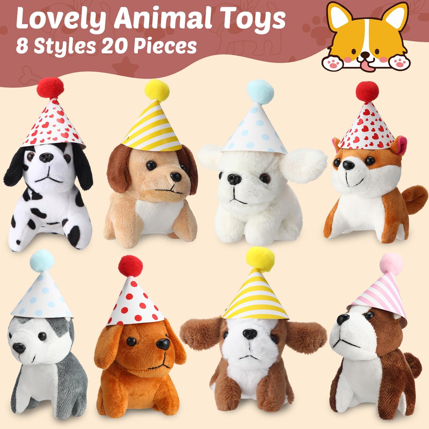 Motionchic 20 Pcs Mini Plush Toy Stuffed Animals Stuffed dogs Set with 20 Birthday Hats 20 Kraft Paper Boxes Adopt Pet Gift for mature-themed Animal Theme Birthday Party(Cute)