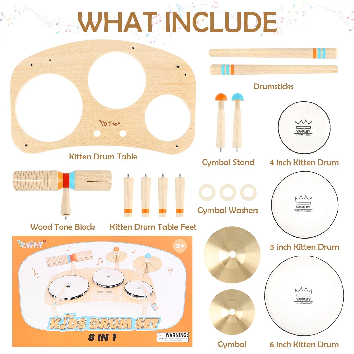 Vanplay Kids Drum Set - Wooden Montessori Musical Toy for Toddlers 1-3, Multi-colored, Perfect Gift for 1-2 Year Olds