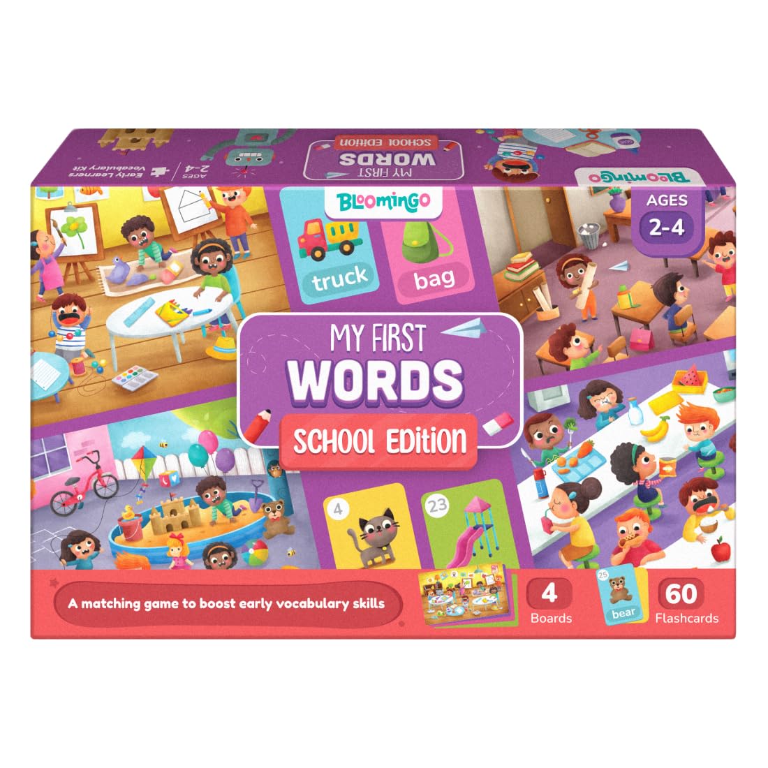 Bloomingo Learning Kit: First Words - School Edition - Fun Board Puzzles With Number & Imagematching Flashcards That Boosts Voca
