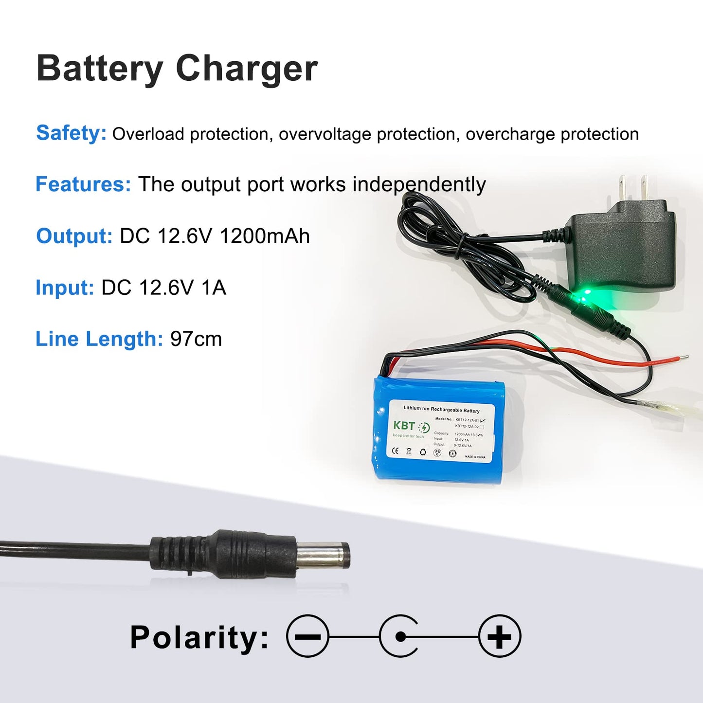 KBT 12V Rechargeable Li-ion Battery Pack with Charger, 1200mAh, Bare Leads for RC Cars, Boats, Robots, DIY, LED Light Kits