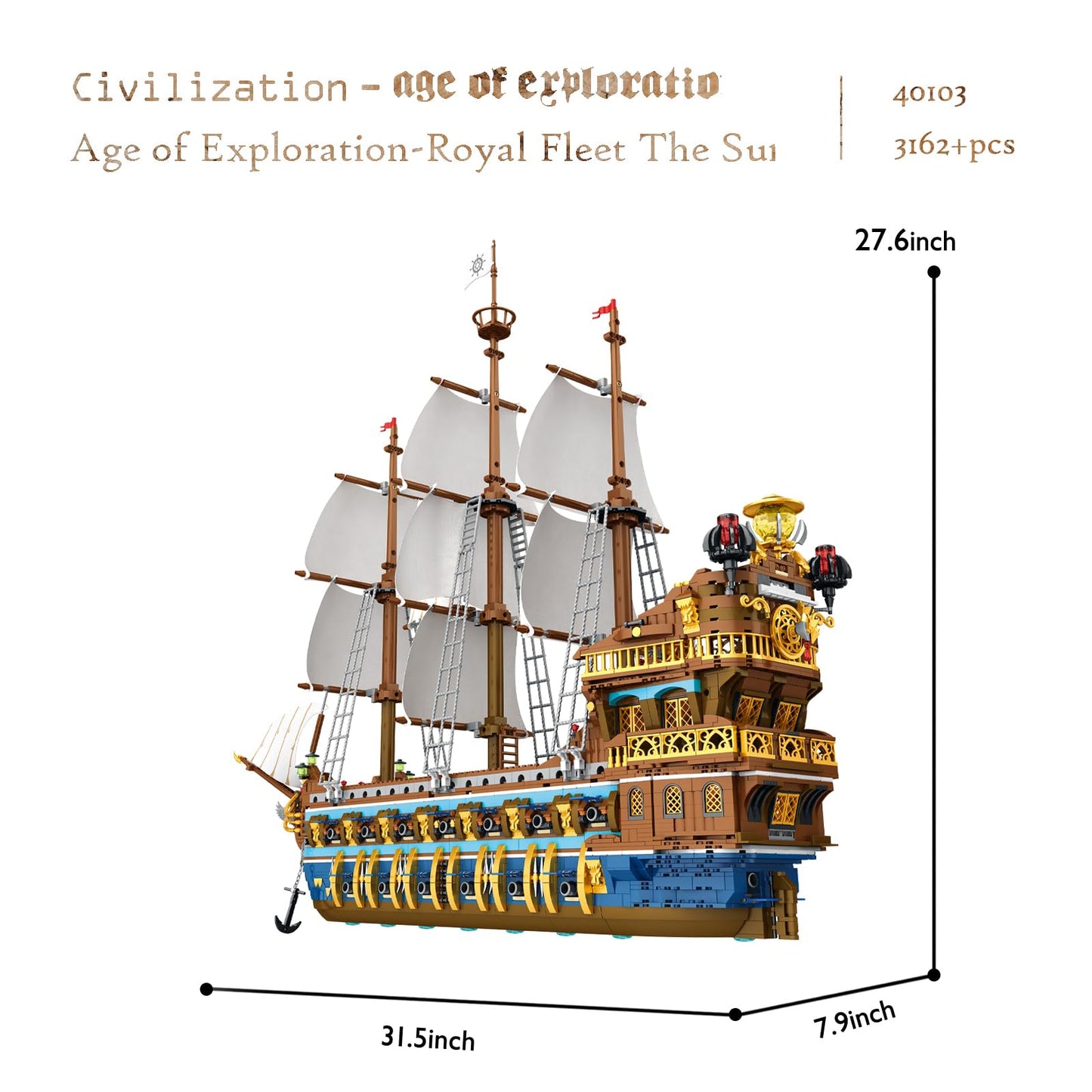 JMBricklayer Pirate Ship Building Set - Large 2830-Piece Gold Plastic Model 40103 for Adults, Stunning Tiered Design, Perfect Gift