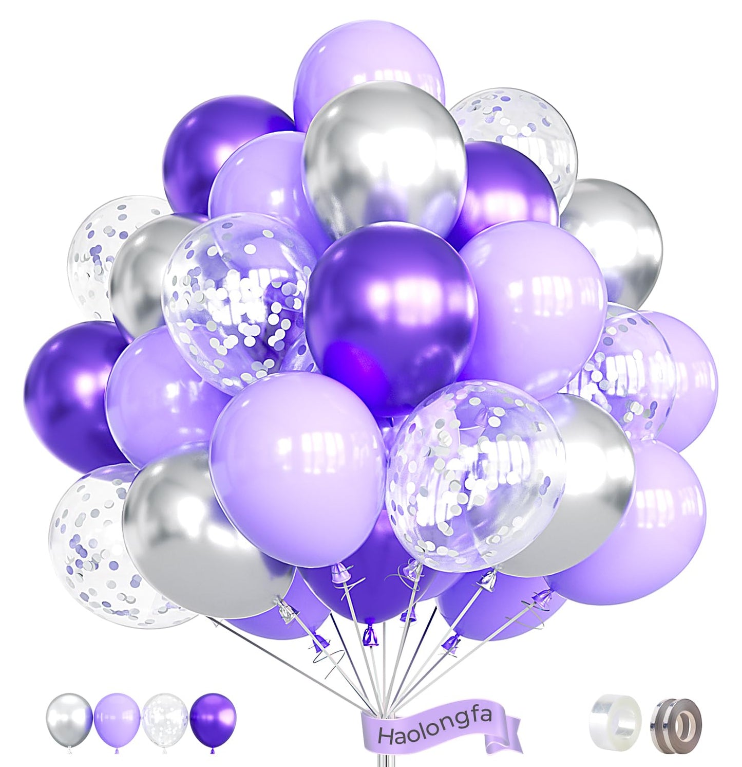 Purple And Silver Balloons,12 Inch 60Pcs Pastel Purple Balloons With Silver Confetti Balloons,Lavender Balloons For Mother'S Day