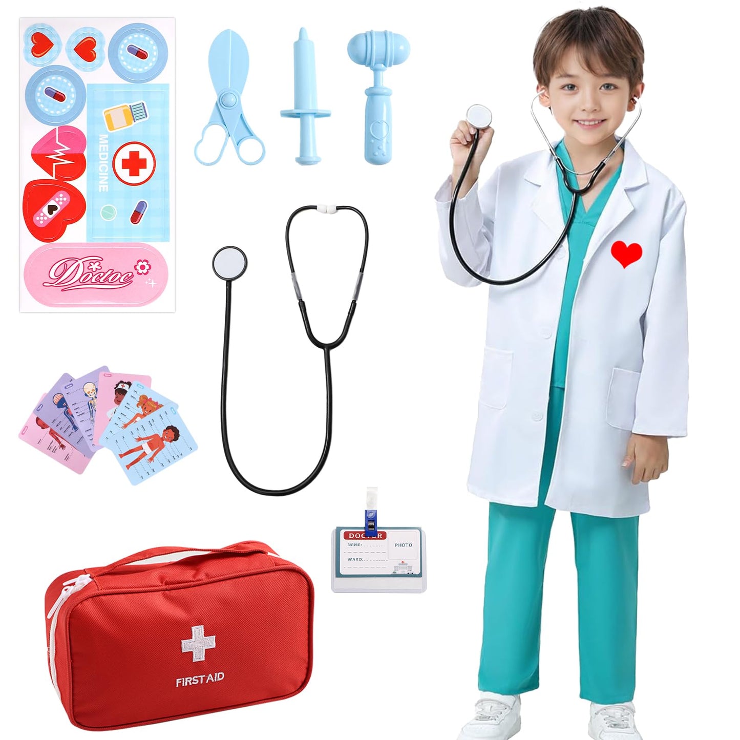 Parttely Doctor Costume For Kids, Halloween Costumes Career Day Costume For Kids Aged 3-8, Kids Scrubs With Lab Coat