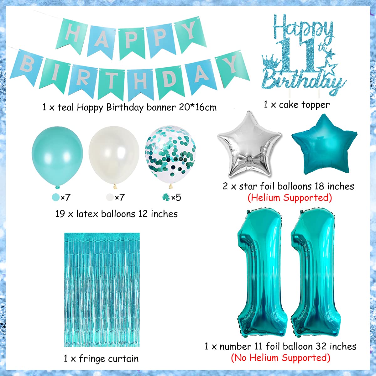 Funmemoir 11th Birthday Decorations - Teal Cake Topper, Fringe Curtain, Banner & Foil Balloon for Girls, 11 Year Old Birthday Decor