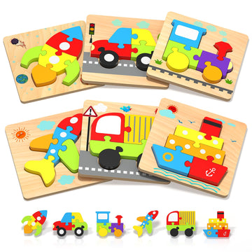 Wooden Puzzles Toddler Toys For 1 2 3 Years Old Boys Girls, 6 Vehicle Shape Learning Educational Blocks Birthday Gifts Sensory T