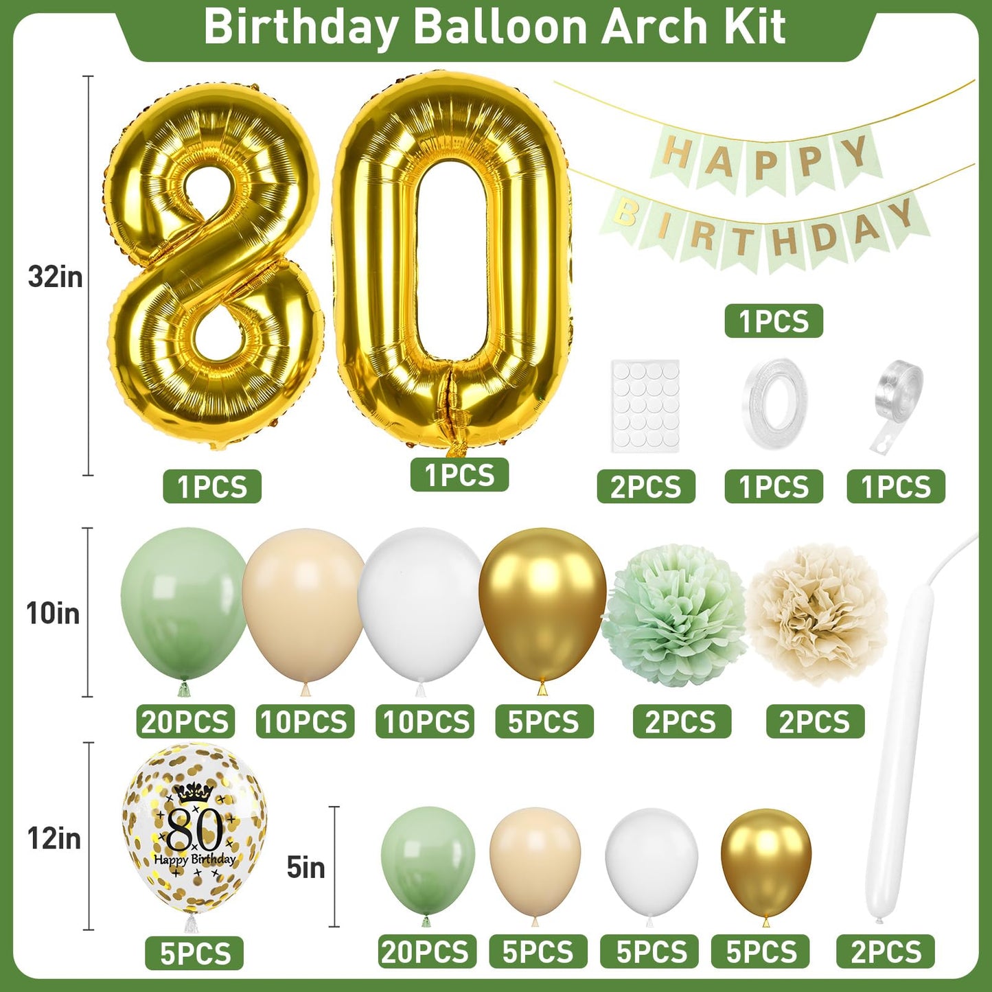 80Th Birthday Decorations Sage Green,80Th Birthday Balloon Garland Party Decorations With Number 80 Foil Balloons,Happy Birthday