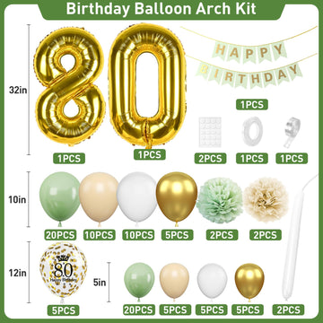 80Th Birthday Decorations Sage Green,80Th Birthday Balloon Garland Party Decorations With Number 80 Foil Balloons,Happy Birthday