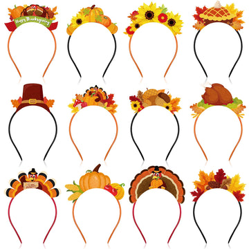 Riceshoot 36 Pcs Thanksgiving Headband Turkey Headband Happy Thanksgiving Party Head Bopper Headwear Felt Pumpkin Maple Leaf Hai