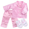 Sophia'S Satin Button Up Pajama Top And Bottoms With Piping Plus Fluffy Bunny Slippers For 18 Inch Dolls, Pink/White