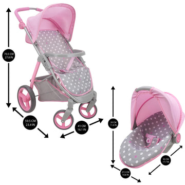 509 Crew: Cotton Candy Pink: Doll Travel System - Pink, Grey, Polka Dot -For Dolls Up To 18', Foldable, Retractable Canopy, Kids Pretend Play, Ages 3+