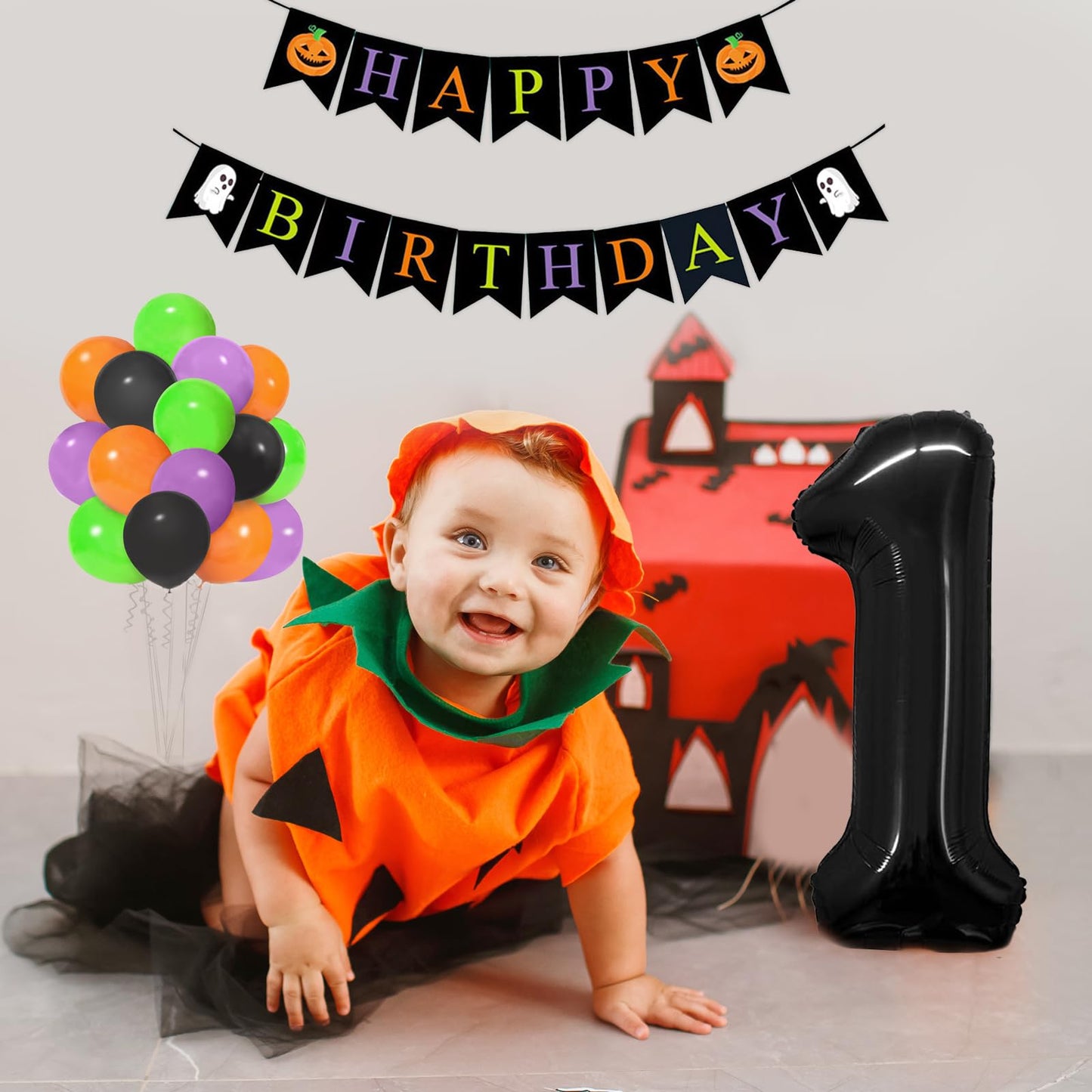 Halloween 1St Birthday Decorations For Boys /Girls-Black Orange Purple Green Halloween Balloons With 40Inch Black 1 Balloon And