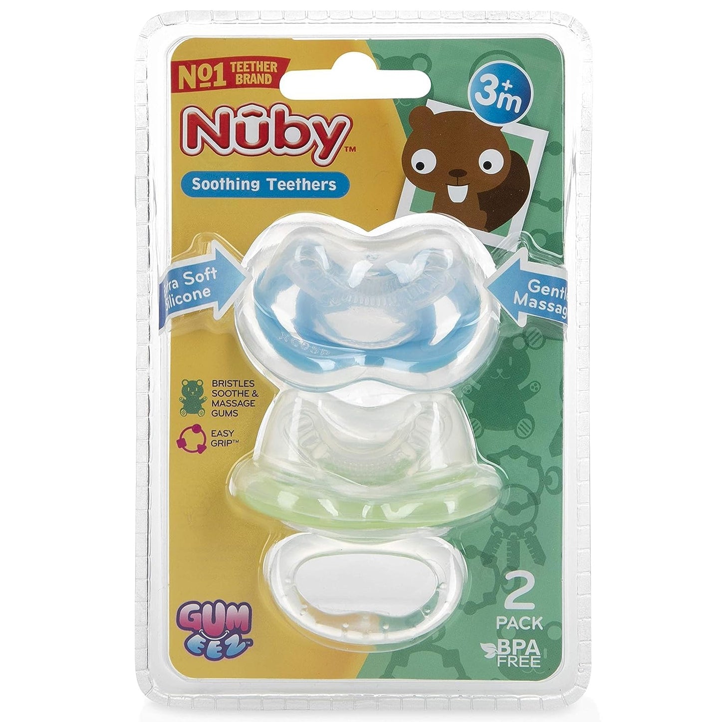 Nuby Gum-eez Pacifier Teethers 2-Pack, Silicone, One Size, Colors May Vary, Model 613