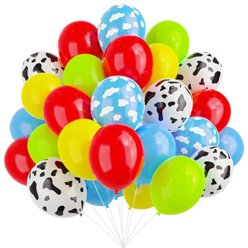 Toy Inspired Story Balloons, 67Pcs 12 Inch Cow Pattern Cloud Yellow Red Blue Green Latex Balloons For Kids Boys Girls Inspired S