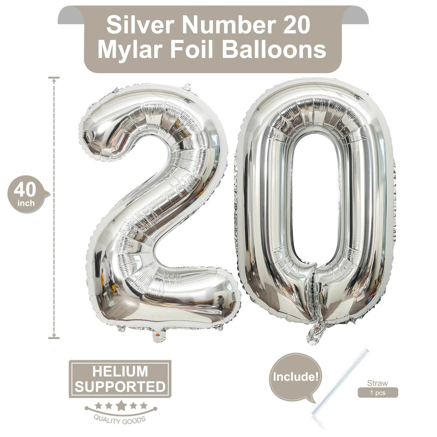 LHOAVWE 40 Inch Silver 20 Number Balloons - Aluminum Birthday Party Decorations, 20th Anniversary Supplies