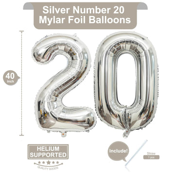 LHOAVWE 40 Inch Silver 20 Number Balloons - Aluminum Birthday Party Decorations, 20th Anniversary Supplies
