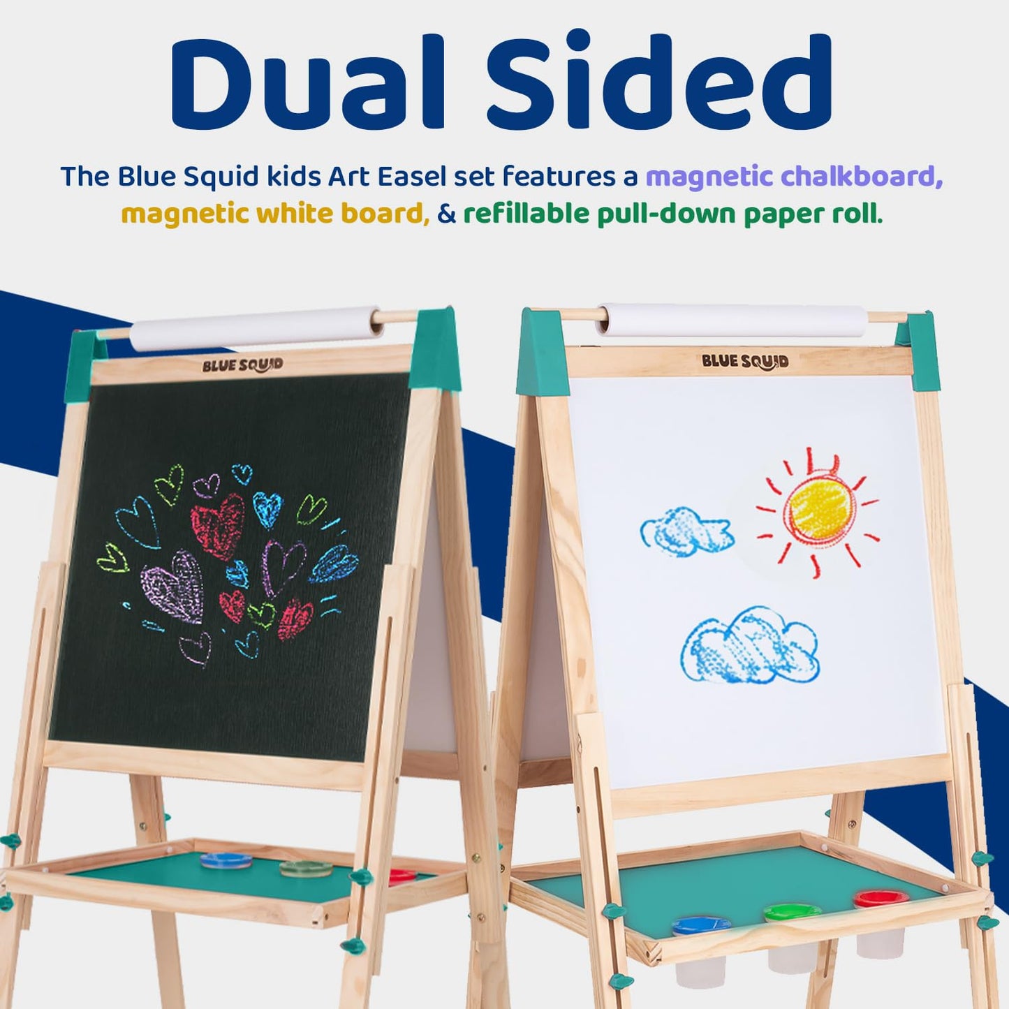 Blue Squid Art Easel for Kids Including 100+ Accessories - Double Sided Adjustable Wooden Painting Easel with Magnetic Chalk Boa