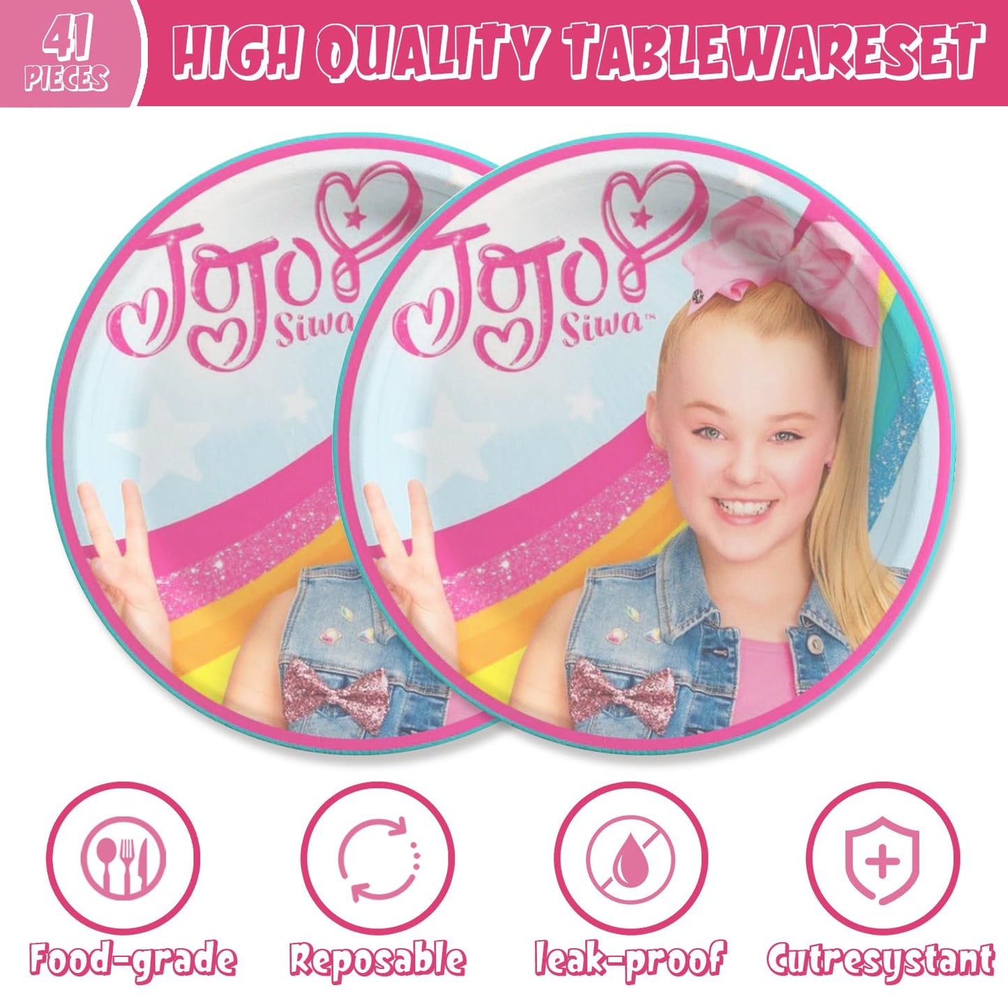 41pcs Jojo Siwas Party Supplies include 20 plates, 20 napkins 1 Tablecloth for the Jojo birthday party decoration