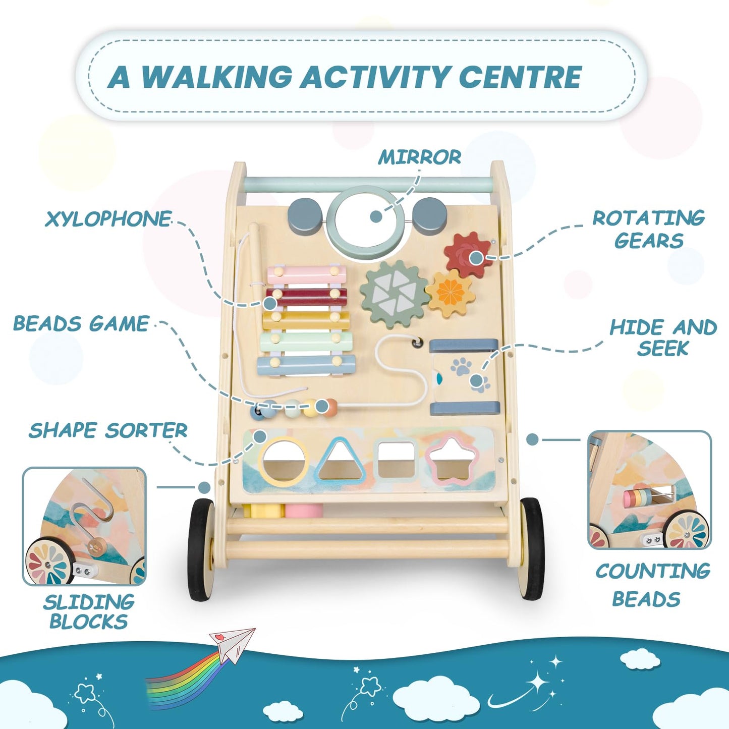 BAUTIA Wooden Baby Walker, Detachable Activity Busy Board, Baby Walking Toys Push Walkers for Babies 6-12 Months