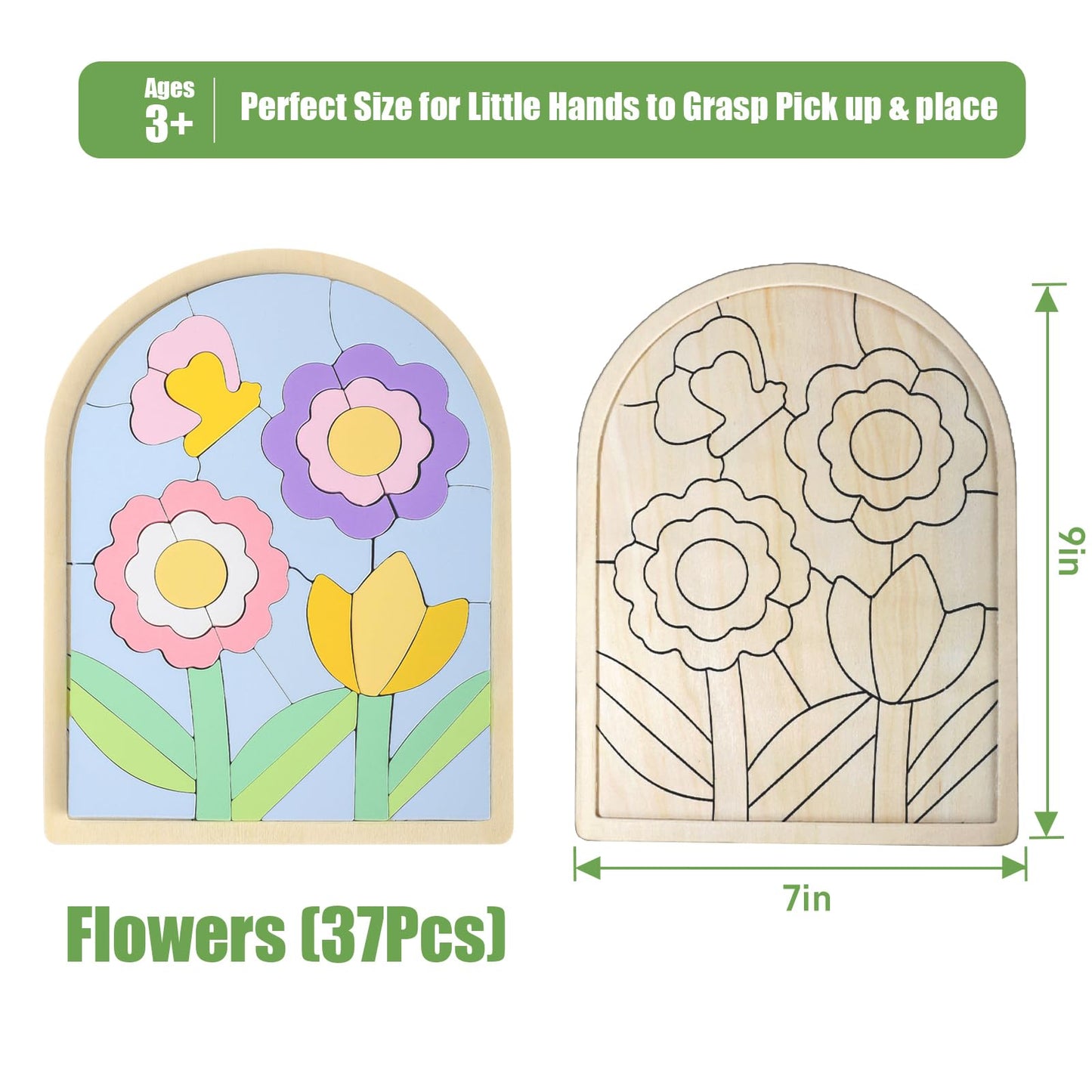 Lasoba Kids Puzzles - Wooden Color Shapes Puzzles For Toddlers Ages 3-6, Montessori Toys, Great Gifts For 3+ Year Olds (Flowers)