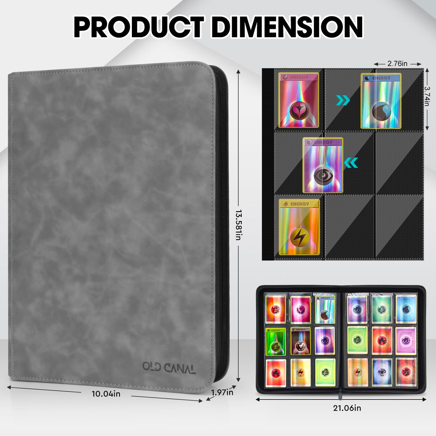 Old Canal Trading Card Binder  9 Pocket Card Album Folder Hold Up to 540 Cards  enhanced and Durable Zipper Binder  Cards Holder Album for MTG  TCG  Baseball Cards  Football Cards  Game Cards (Gray)