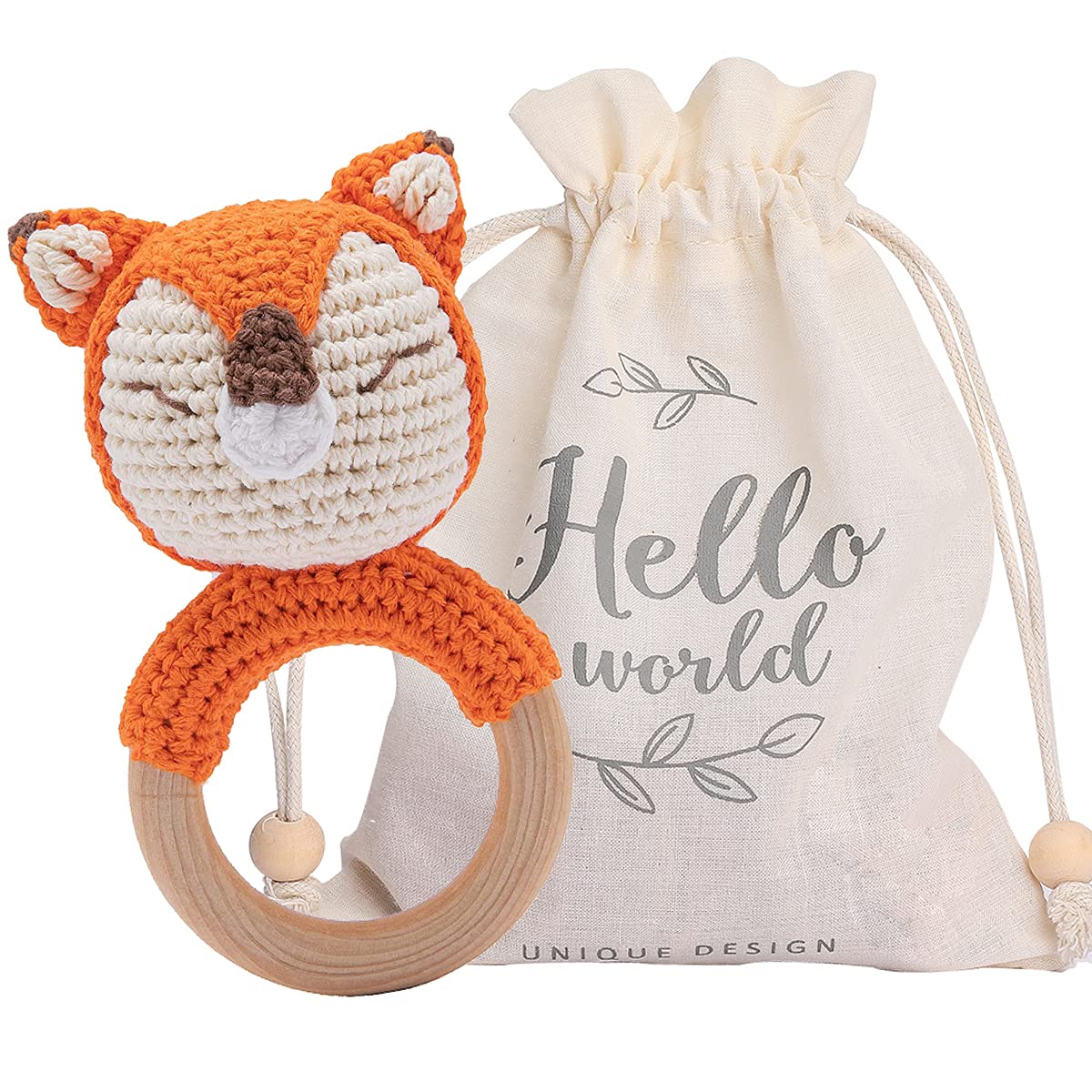 Youuys Wooden Baby Rattle For Newborn, Crochet Fox Rattle Toy Natural Wood, Music Shaker Rattle For Hand Grips, Boy Girl First R