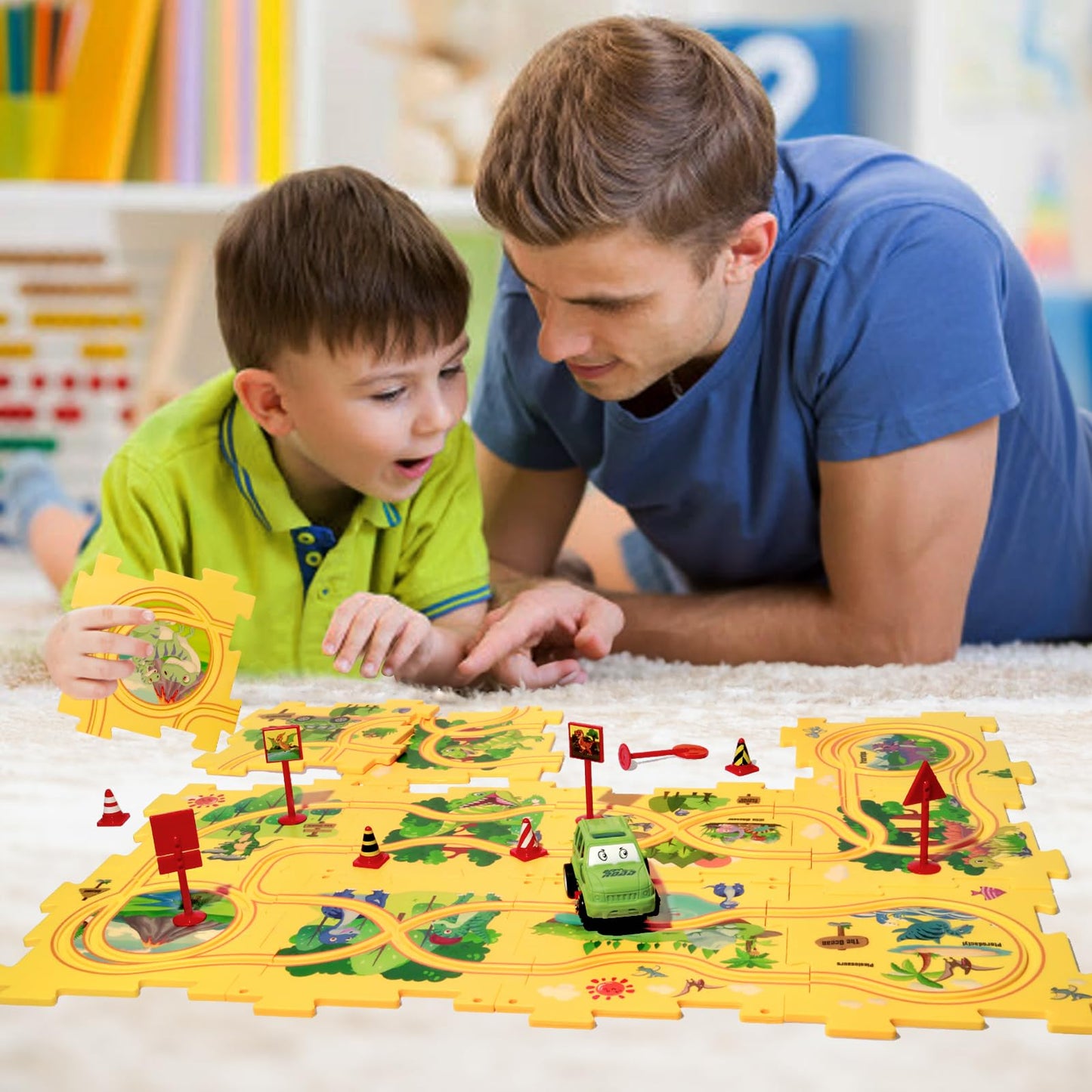 Xazastov Plastic Floor Puzzles For Kids Ages 3-5, Puzzle Track Car Play Set, Educational Montessori Toys For 3 4 5 6 Year Old Bo