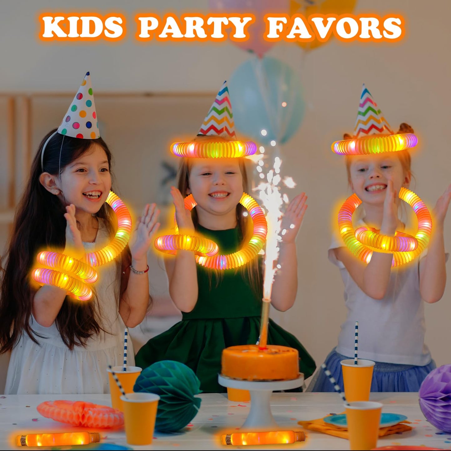 Light Up Glow Necklaces Bracelets Party Favors Accessories For Toddlers, 12 Pcs Orange Glow Sticks Pop Tubes For Kids, Glow Birt