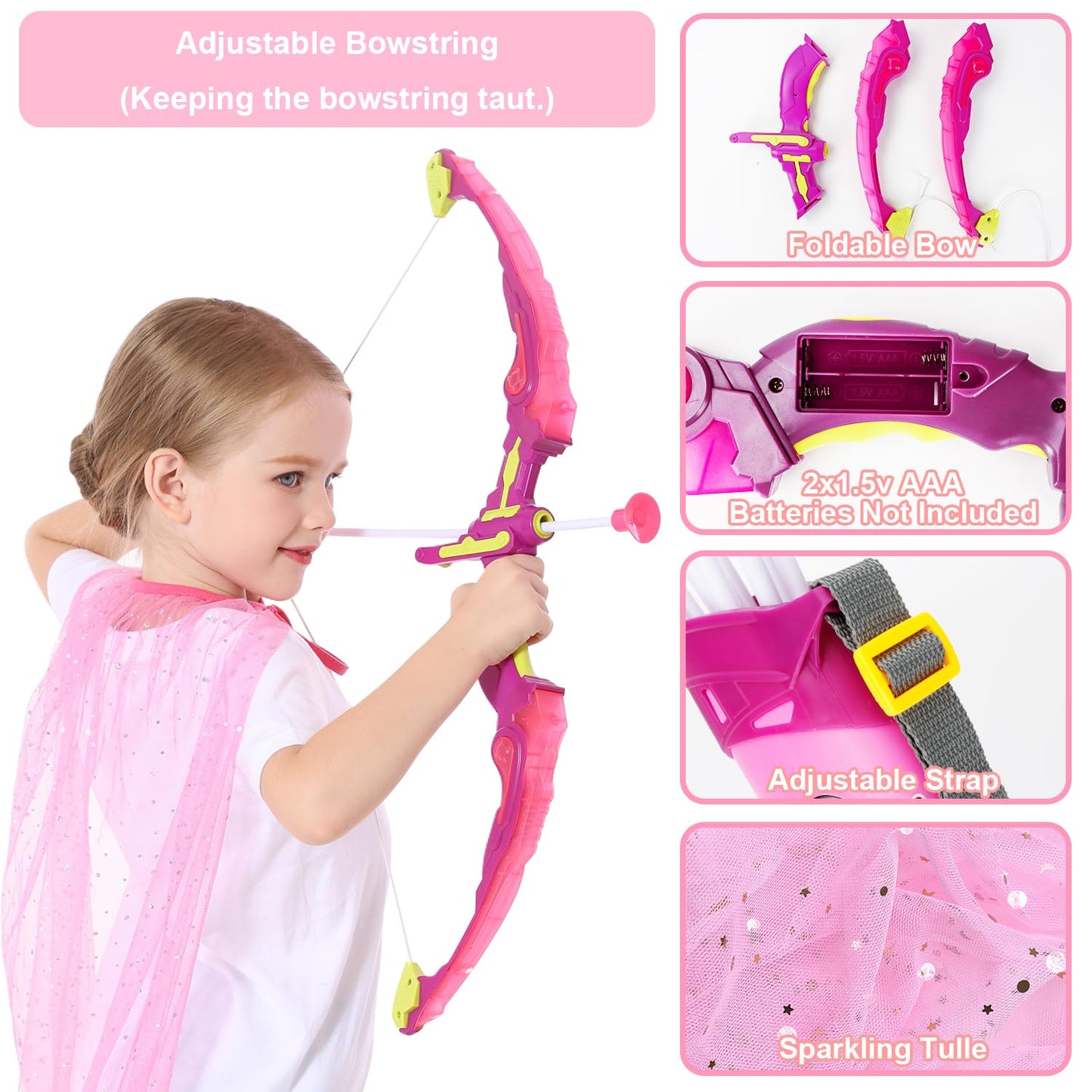 Bow And Arrow For Kids, Led Light Up Archery Set With Princess Cape And Crown, 10 Suction Cup Arrows, Target & Quivers, Outdoor Toy For Girls Aged 3-8, Birthday Gifts Toys For 4 5 6 7 8 Year Old