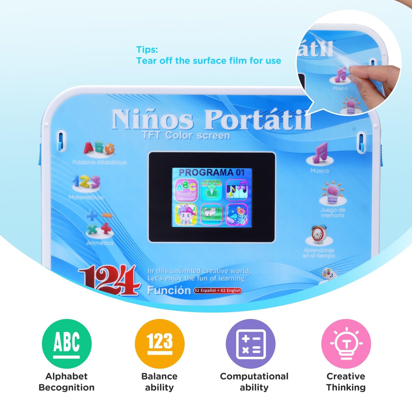 Educational And Bilingual Laptop English/Spanish, Color Screen Kids Laptop With 124 Learning Modes, Computer For Kids Ages 5+