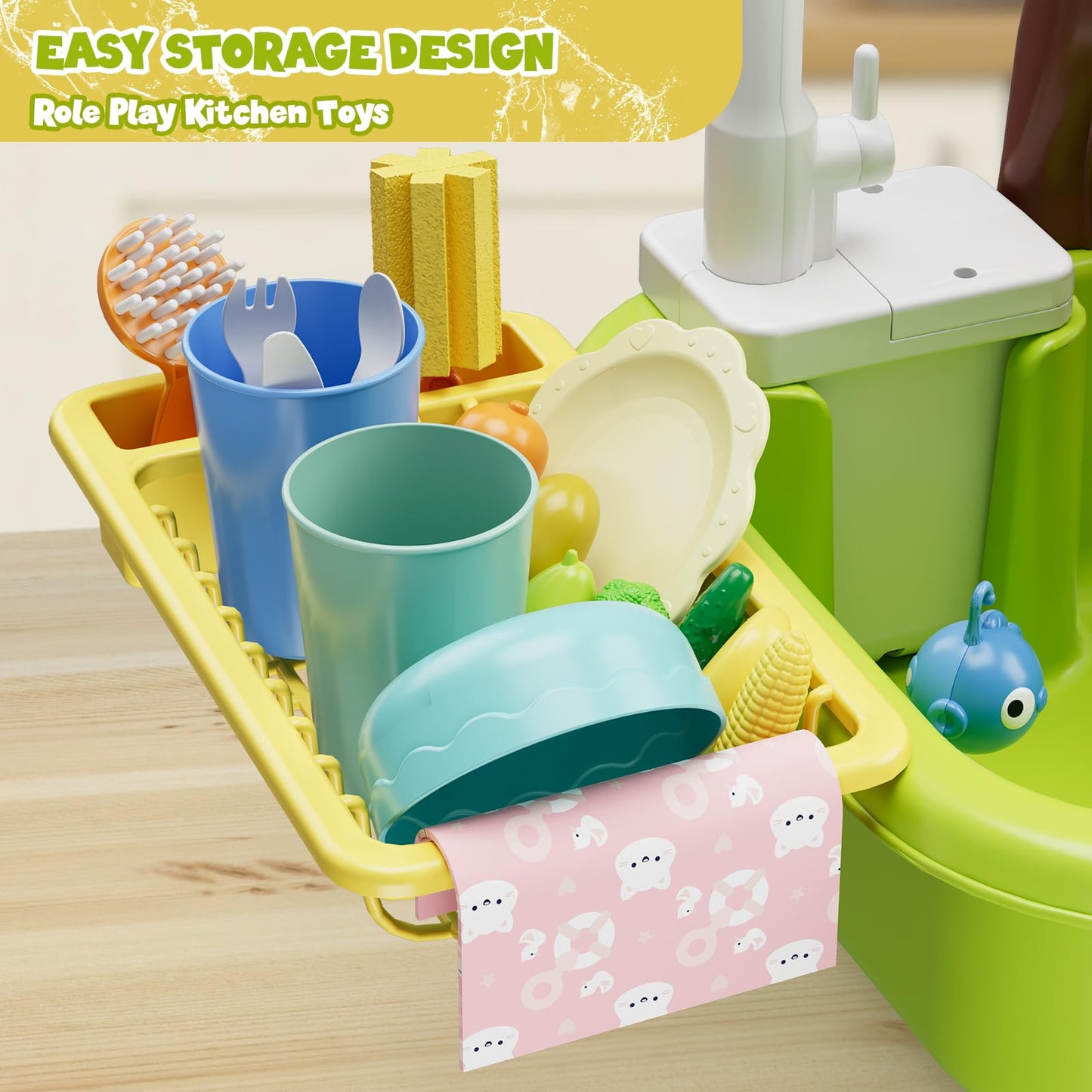 Wee Wonders 3 In 1 Play Sink With Running Water, Play Kitchen Sink Toy With Electric Faucet/Play Food/Pool Toys/Fishing Game, Pr