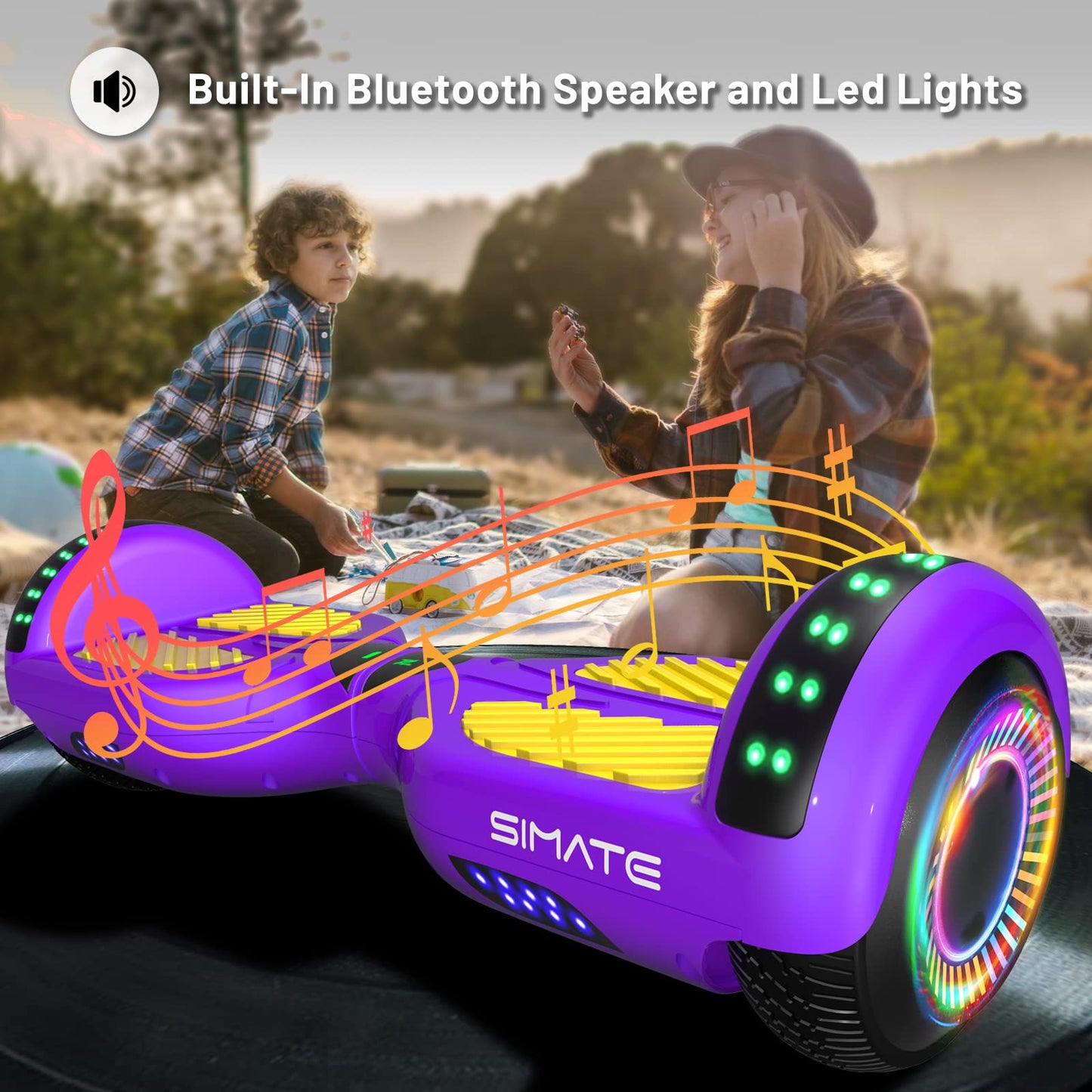 SIMATE 6.5" Self Balancing Scooter - Purple Yellow, Dual 250W Motors, LED Wheels, Bluetooth, P6 Model, 8.5 mph Max Speed, 8.