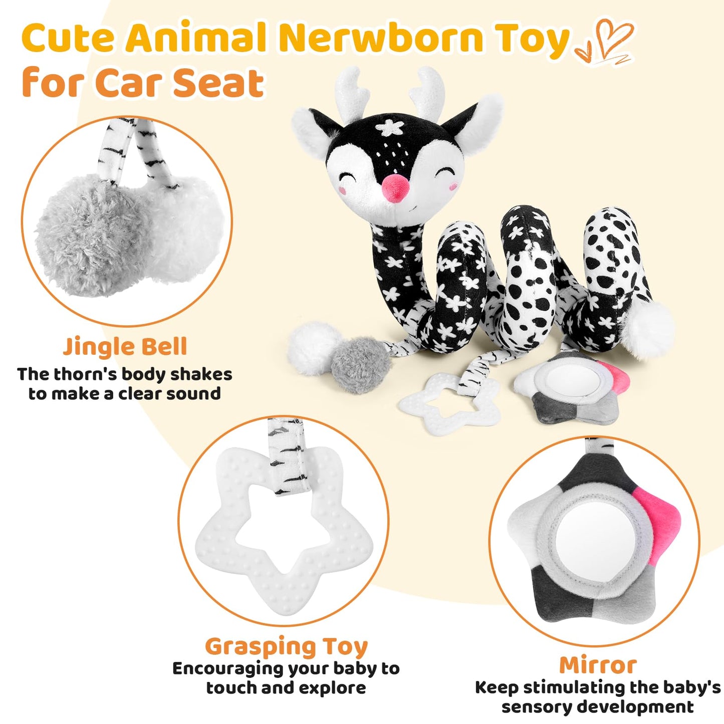 Car Seat Toys For Babies 0-6 Months Boy&Girl, Carseat Toys Hanging Black And White High Contrast Toy For Baby 0-3 Months, Spiral