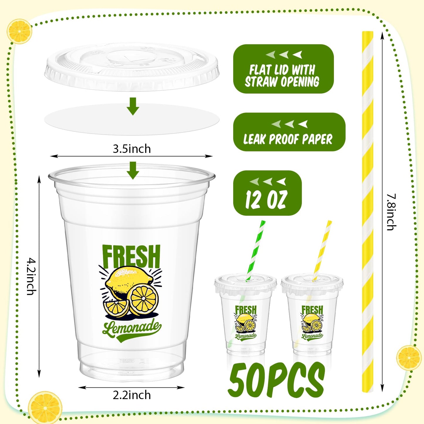 Domensi 50 Sets Lemon Disposable Plastic Cups 12 oz Lemonade Thick Clear Cups with Lids Straws Decoration for Iced Lemonade Juic