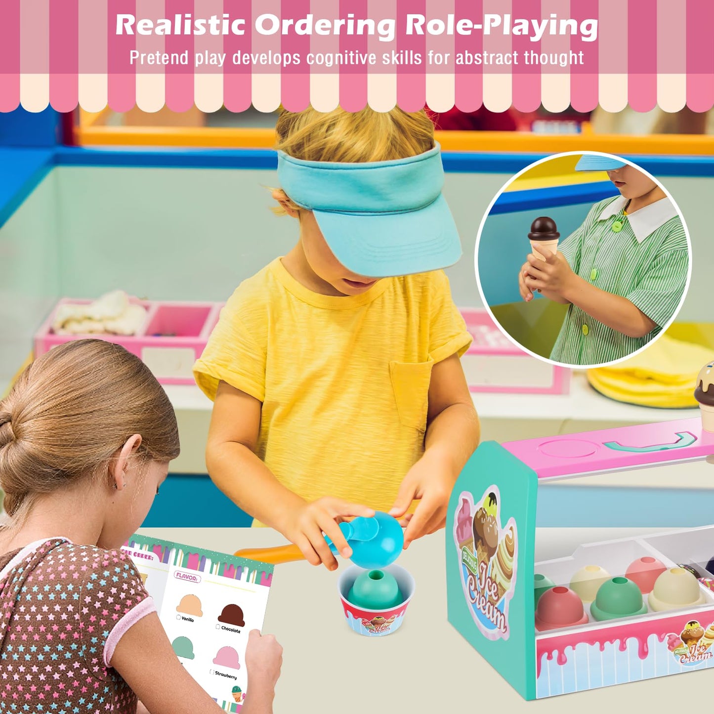 Ice Cream Counter Playset for Kids, Ice Cream Shop Toys, Pretend Play Toys, Play Food Scoop and Serve, Toddler Girls and Boys Ag