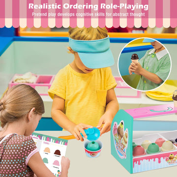 Ice Cream Counter Playset for Kids, Ice Cream Shop Toys, Pretend Play Toys, Play Food Scoop and Serve, Toddler Girls and Boys Ag