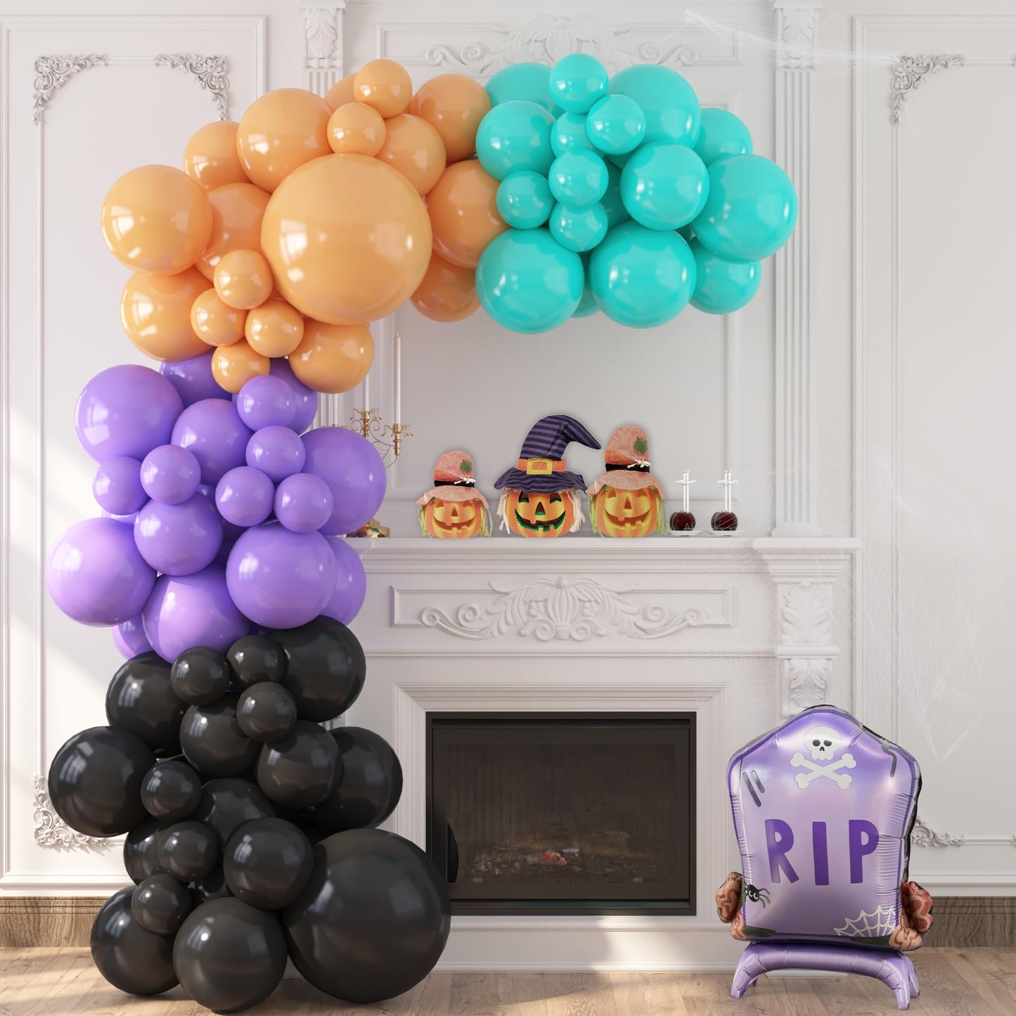 House Of Party Halloween Balloon Arch Kit - 18/12/10/5 Inch Black Purple Orange And Teal Balloons With Large Gravestone Foil Bal