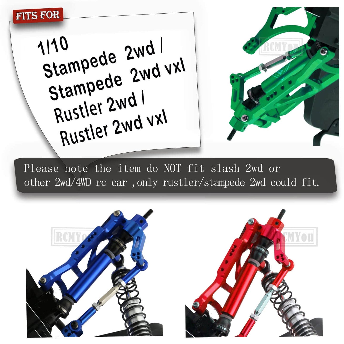 RCMYou RC Aluminum Front Rear Suspension A-Arms Upgrades Part for 1/10 Rustler VXL & XL-5 / Stampede VXL & XL-5 2WD,Alloy Arms H