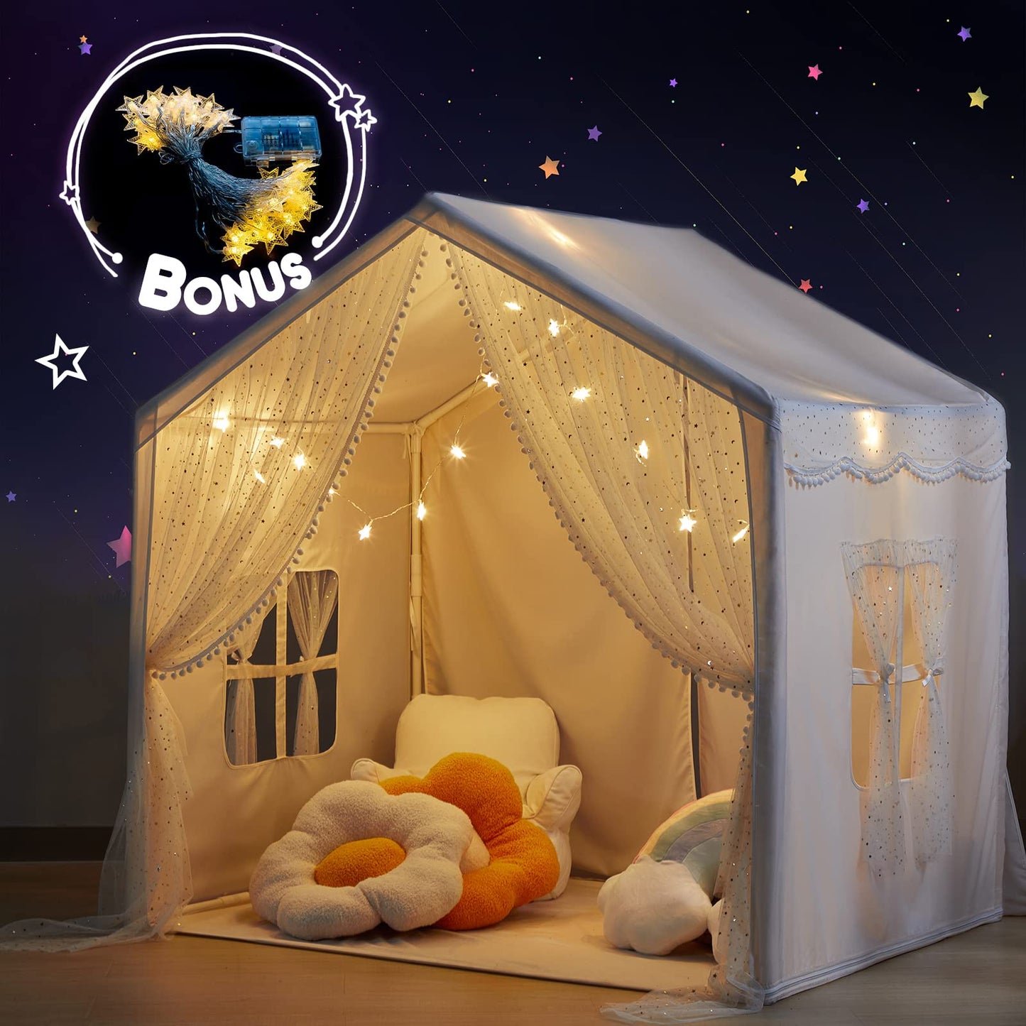 LOAOL Play Tent for Kids - Large Beige Cotton Castle Tent with Star Lights, Sequin Decor, Front & Rear Doors for Indoor/Outdoor Fun