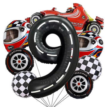 Stcomart 8 Pcs Race Car Party Decorations, Black Number 9 Balloon Checkered Balloons Tire Balloons For Boys 9Th Birthday
