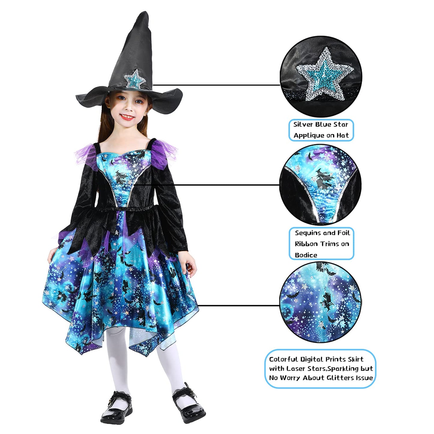 Sincere Party Deluxe Blue Witch Costume With Hat For Girls 7-8Years