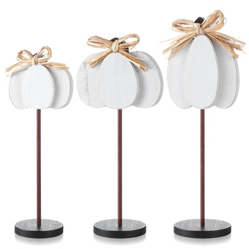 Thyle 3 Pcs Thanksgiving Pumpkin Table Centerpieces Wood Harvest Table Decorations for Home Standing Block Tall Sign with Bow fo