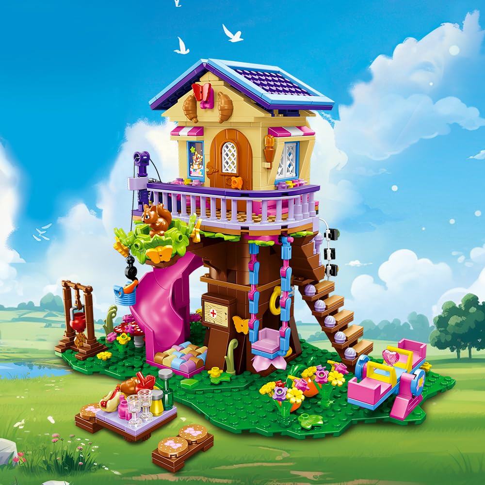Cubimana Treehouse Building Sets With Led Light - Tree House Building Block Toy, Friendship Up House Building Set With Slide & S