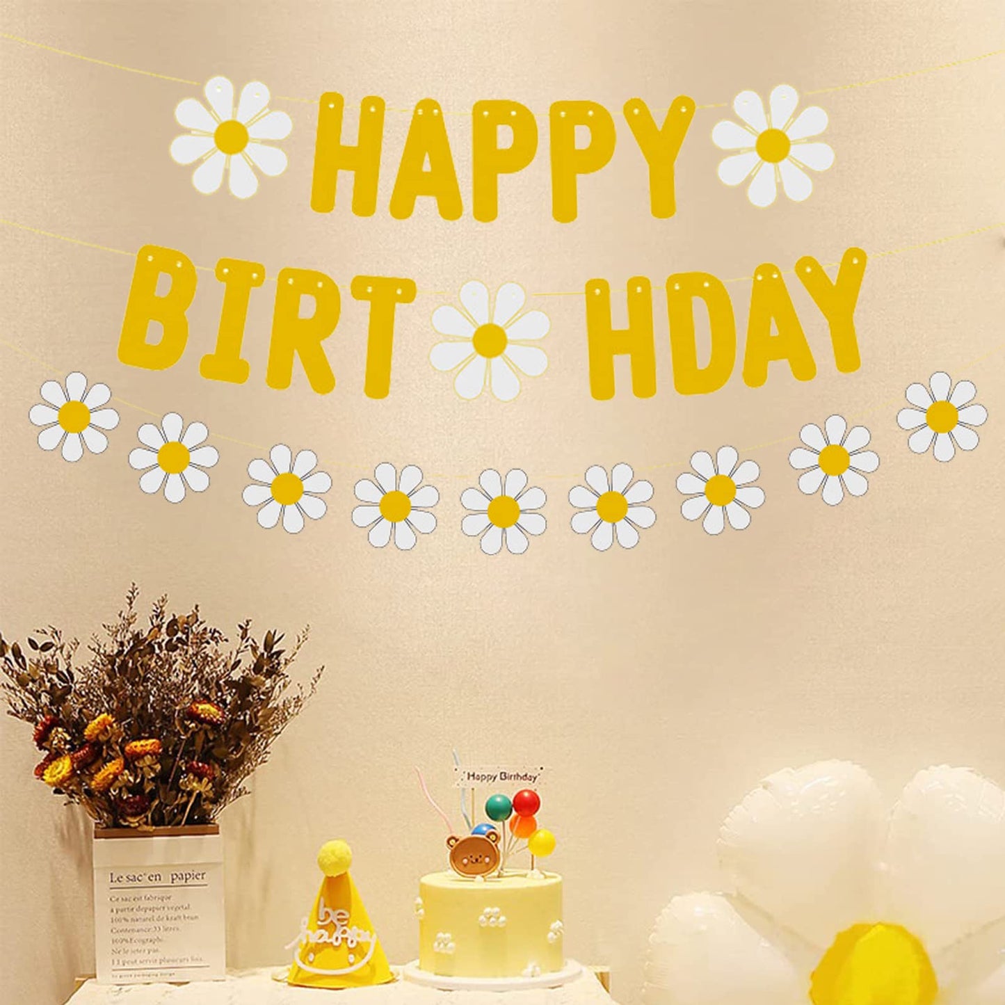 Zwiebeco Yellow Daisy Birthday Party Decoration Supplies - Yellow Little Daisy Happy Birthday Sign Banner Bunting Garland Hangin