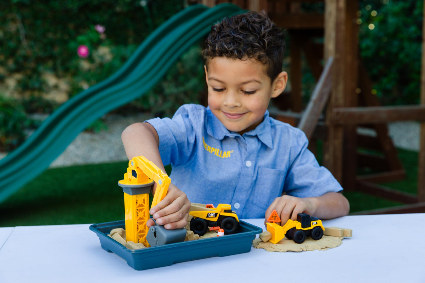 Cat Construction Toys, Dig N' Build Dirt Playset With 12 Oz Of Dirt Compound, 2 Little Machine Vehicles, Crane, Molds, And Storage Tray, Indoor/Outdoor Play For Kids Ages 3+