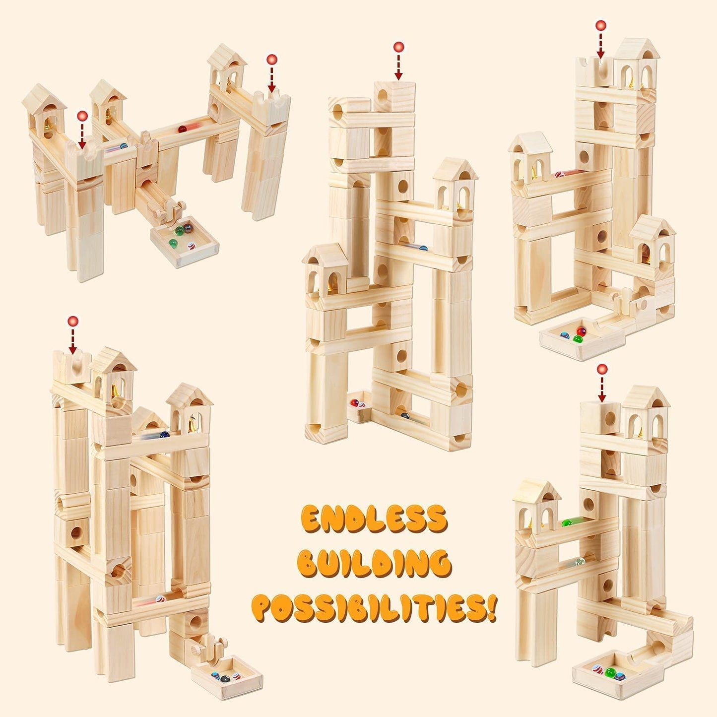 Wooden Marble Run For Kids Ages 4-8, 65 Pieces Wood Building Blocks Toys And Construction Play Set, Marble Track Maze Game Stem Learning Toys For Boys Girls (Natural Color Blocks)