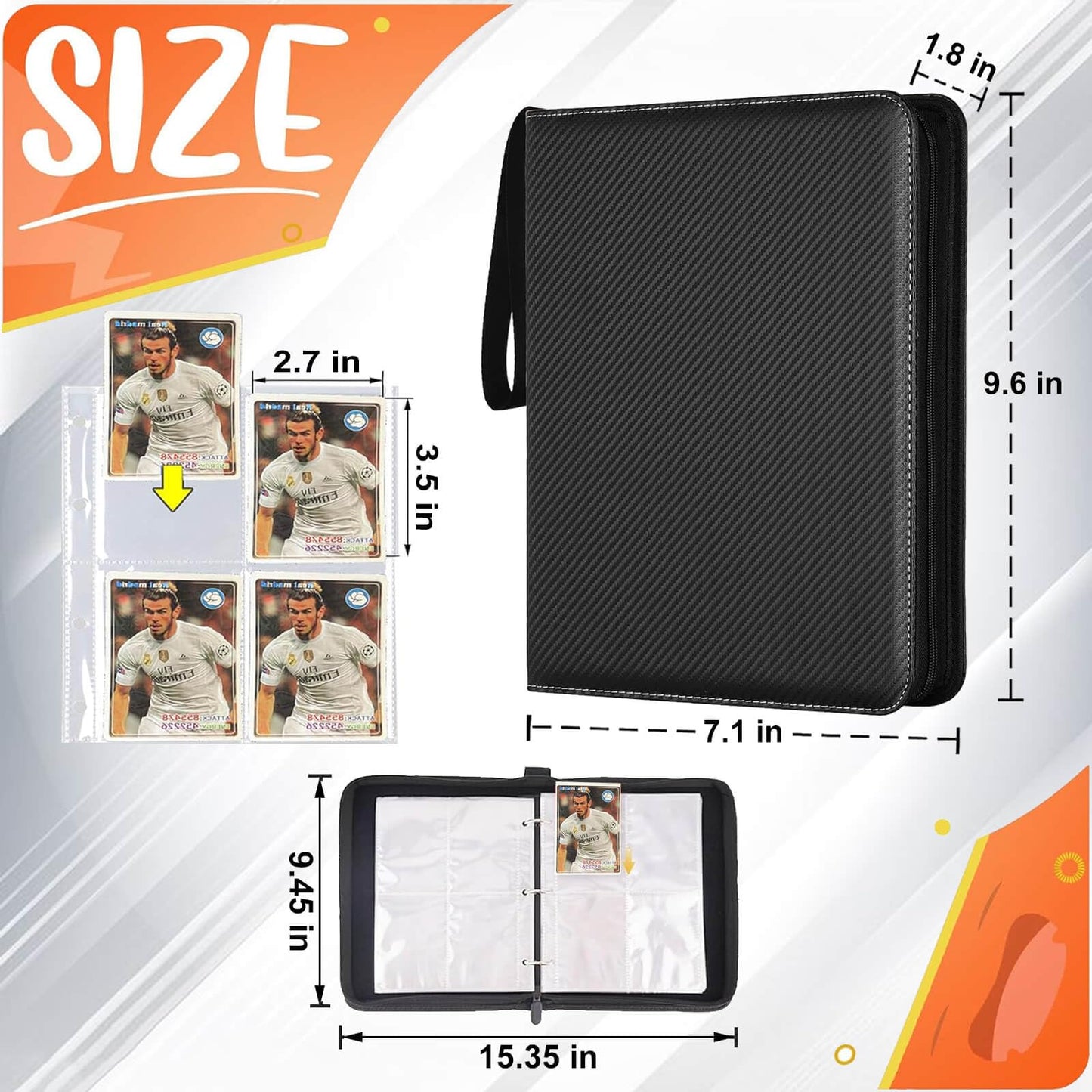 Trading Card Binder 4-Pockets, Trading Card Album Can Hold 400 Cards With 50 Removable Sleeves, 3-Ring Zipper Trading Card Holde